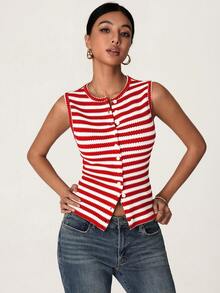 SHEIN BASICS 女款條紋圓領單排扣休閒背心 - 紅色 - 查看 4