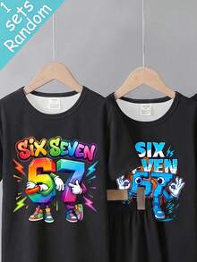 [3 Sets Randomly Sent 1 Set]Tween Boys Pajamas, Spring/Summer New Fashion Cool Glow-In-The-Dark Best-Seller Digital 67 Combination Pattern Printed Knit Tight High Elastic Fabric Short Sleeve Shorts 2-Piece Set Loungewear (UV Light Activated) - Black - View 6