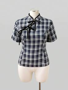 Sunspun Plus Size Summer Casual Plaid Tie-Front Cheongsam Collar Shirt - Multicolor - View 3