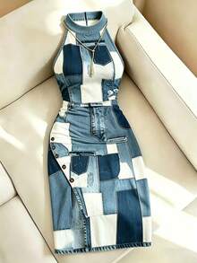 Resyla Women's Denim Effect Print Fashionable Slit Round Neck Casual Dress - Multicolor - View 4