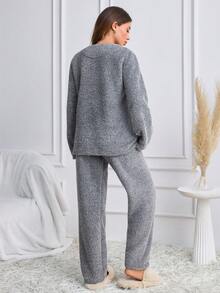 SHEIN Grey Fuzzy Plush Cute Panda Applique Embroidery Cozy Winter Homewear Pajama Set - Grey - View 3