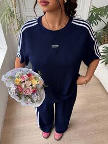 SHEIN EZwear 大尺碼女款字母印花拼色長袖上衣與長褲休閒套裝 - 藏蓝色 - 查看 5