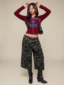 Rina Fox 女款秋季字母深紅色長袖拉鍊休閒街頭風 Y2K Grunge 運動衫，聖誕日常外出穿搭 - 紅色 - 查看 4