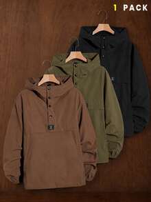 AKNOTIC Men's All-Polyester Cool Plain Weave Patch Half-Placket Letter Patch Hooded Jacket - Coffee Brown - View 1