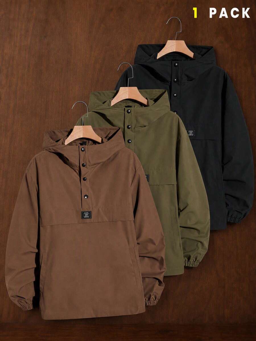 AKNOTIC Men's All-Polyester Cool Plain Weave Patch Half-Placket Letter Patch Hooded Jacket - Coffee Brown - View 1