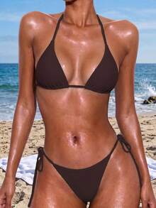 Swim Basics Solid Color Sexy Tie-Up Bikini Swimwear Set For Women, Beach Wear For Summer Beach Vacation - Coffee Brown - View 1