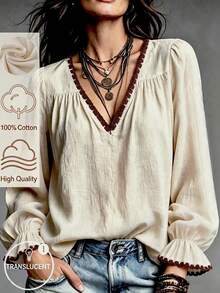 LUMIGAL Vintage Casual Apricot Shell Embroidery Contrast Color V-Neck Cuff Lace Contrast Color Flared Sleeve Long Sleeve Women's Blouse - Apricot - View 1