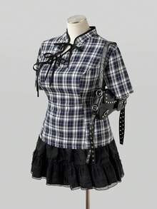 Sunspun Plus Size Summer Casual Plaid Tie-Front Cheongsam Collar Shirt - Multicolor - View 7