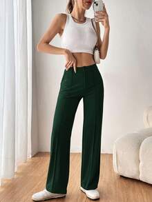 SHEIN EZwear 女款素色直筒西裝長褲 秋冬款 - 墨綠色 - 查看 6