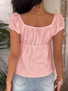 SHEIN EZwear 女款甜美鈕扣蕾絲拼接襯衫，適合度假與約會 - 粉色 - 查看 2