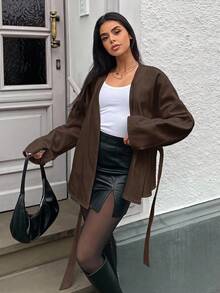 MainGRL Lace-Up Overcoat, Minimalist Fashion Casual Everyday In Fall/Winter - Brown - View 3
