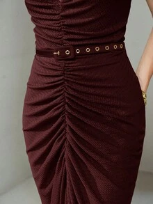 MOTF PREMIUM RUCHED DEEP V-NECK DRESS - Burgundy - View 6