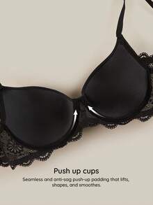 Bralution Women's Solid Color Lace Patchwork Underwire Bra - Black - View 3