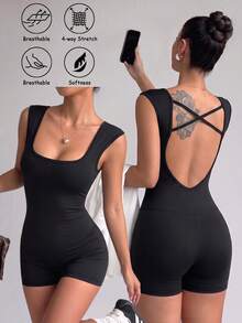 Easithlete Easithlete Women's High Elastic Fabric Slim Fit Comfortable Backless Casual Style Sports Jumpsuit - Black - View 1