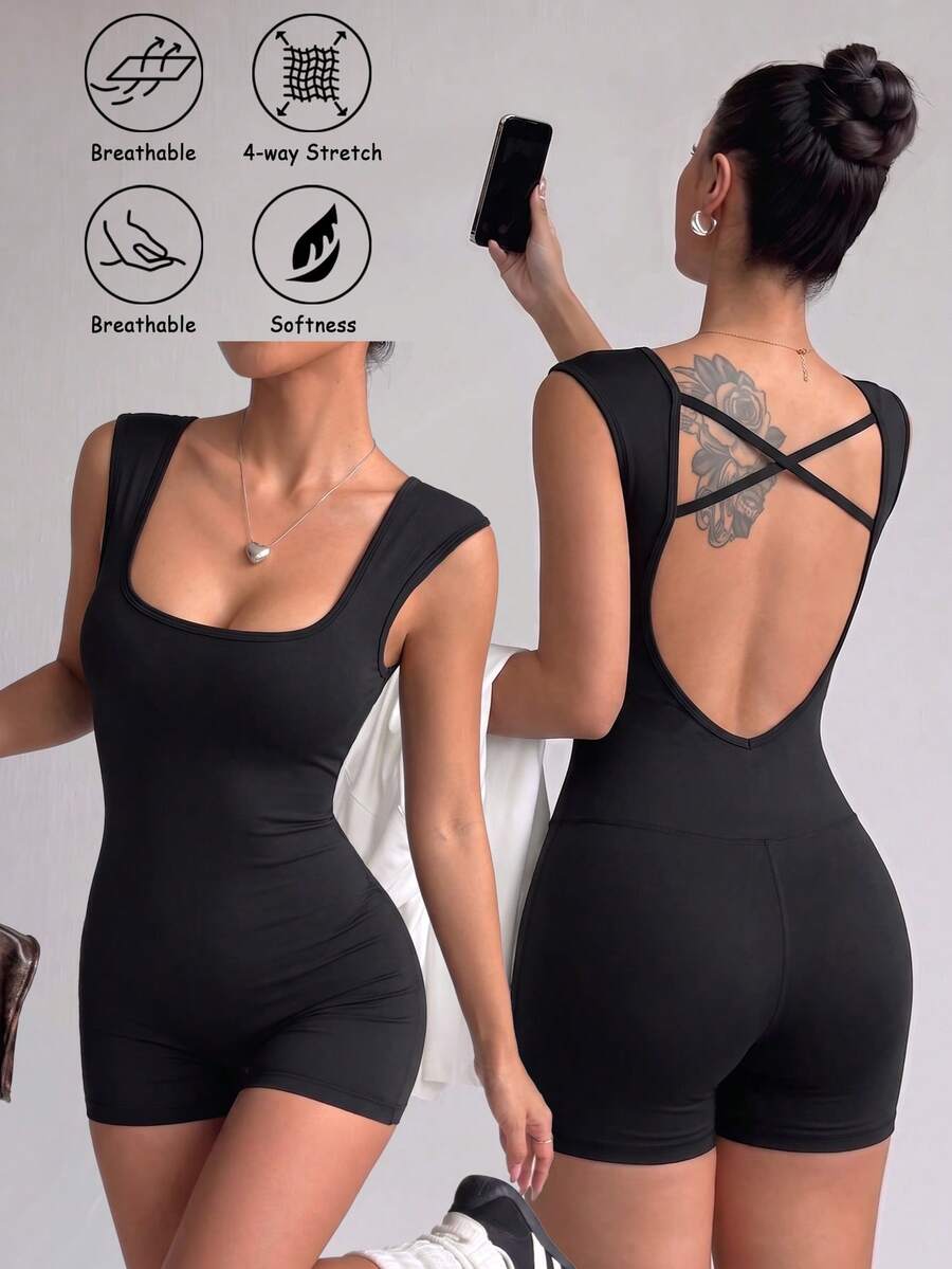 Easithlete Easithlete Women's High Elastic Fabric Slim Fit Comfortable Backless Casual Style Sports Jumpsuit - Black - View 1