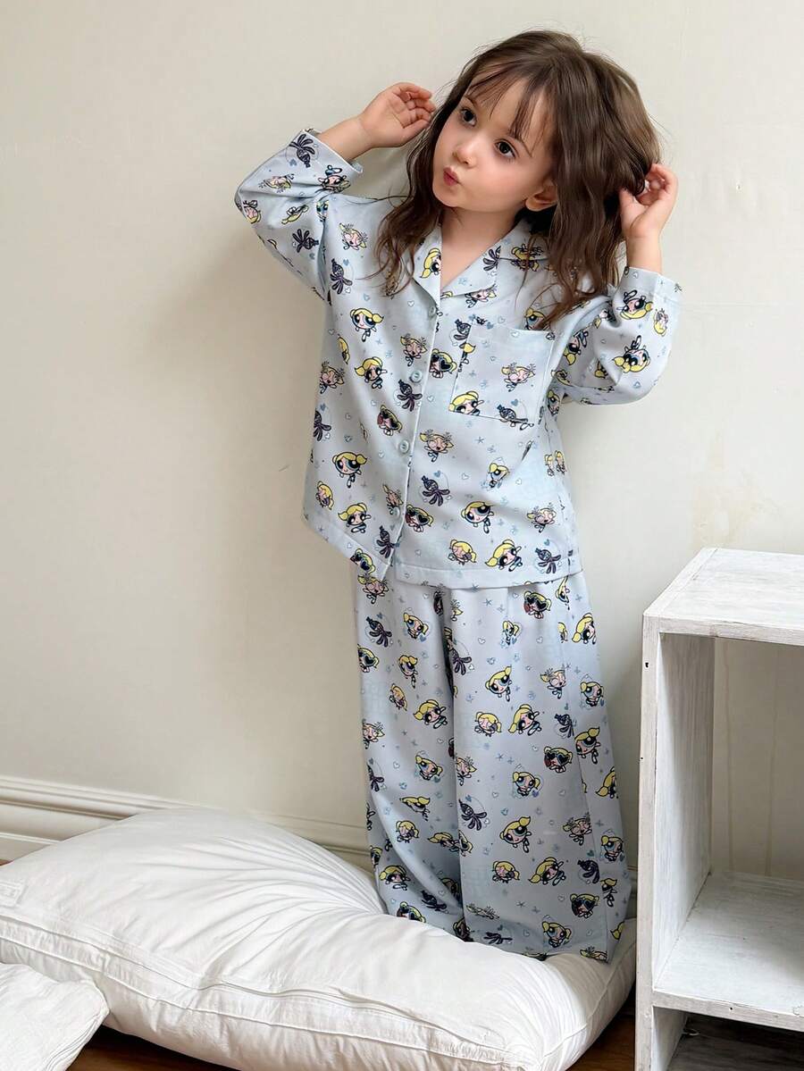 THE POWERPUFF GIRLS X DAZY Setelan Santai 2 Potong untuk Anak Perempuan, Atasan Lengan Panjang Longgar Motif Kartun + Celana Panjang Lurus, Musim Gugur - Baby Blue - View 1