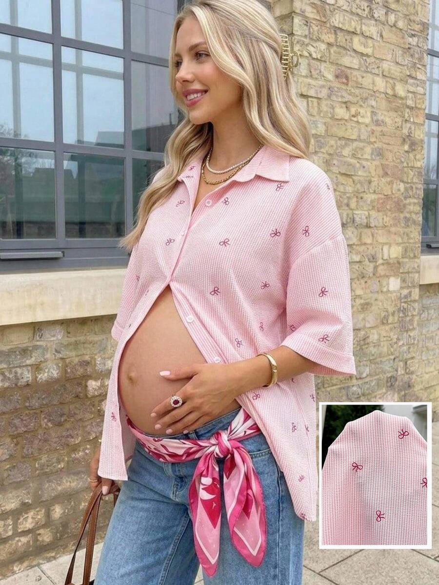 Lyckli Maternity Fashion Striped Bow Pattern Print Single-Breasted Shirt Fall - Pink - View 1