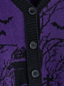 ROMWE Cardigan Ukuran Plus Motif Halloween Gothic Horor Gagak Kelelawar Bulan Kuburan Ranting Tanaman Bagian Depan Terbuka Longgar Bahu Jatuh Warna Kontras - Purple - View 5