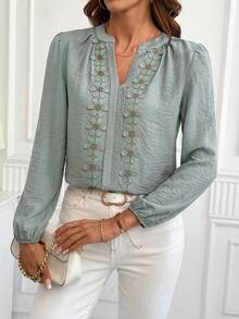 SHEIN Clasi Women's Elegant Romantic Decorative Ribbon Long Sleeve Blouse Teachers' Day Office Tea Party Sage Green Floral Summer - Green - View 4