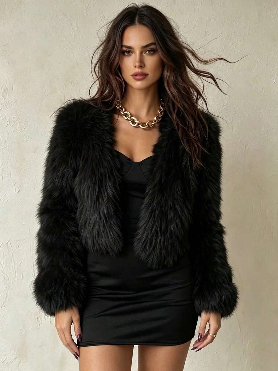 SHEIN 女士休闲纯色毛绒开衫,秋冬款 - 黑色 - 查看 1