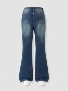 SHEIN 青少年女孩開衩喇叭牛仔褲，四季皆宜復古 Y2K 街頭風，磨損丹寧色，水洗效果，彈性柔軟棉質丹寧布，可搭配 T 恤和衛衣，適合日常穿著、學校、開學季和派對 - 藍色 - 查看 2