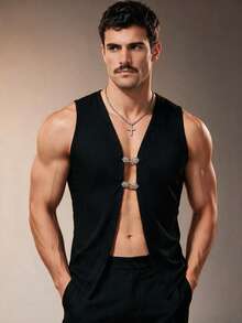ZURIURI Men's Sexy Vacation Style Slit Tight Metallic Buckle Tank Top - Black - View 5