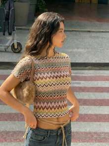 Serisse Chic Boho Striped Beige Knit Hollow Out Tee Summer Vacation Casual - Multicolor - View 7