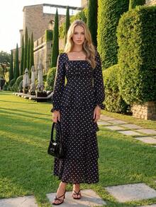 KARISMINA Women's Polka Dot Square Neck Multi-Layer Ruffle Hem Elegant Long Dress,Polka Dot Tiered Maxi Dress, Tiered / Layered,Vacation,Wedding Guest - Black - View 8
