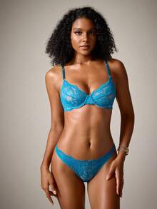 DreamPoppy Floral Lace Underwire Lingerie Set - Teal Blue - View 3