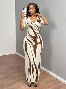 INAWLY Solva Women's Summer Sexy Fitted Printed Short Sleeve Dress - Apricot - View 5