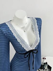 Elamini Plaid Lace Trim Tie-Front Dress - Multicolor - View 4