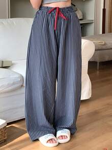 Dazy Tall Women's Elastic Waist Striped Loose Straight Leg Casual Pants - Navy Blue - View 8