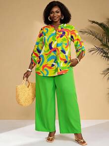 BrightlyHer Plus Size Vacation Oil Painting Print Button-Down Shirt And Solid Color Long Pants 2 Pieces Set Fall - Multicolor - View 2