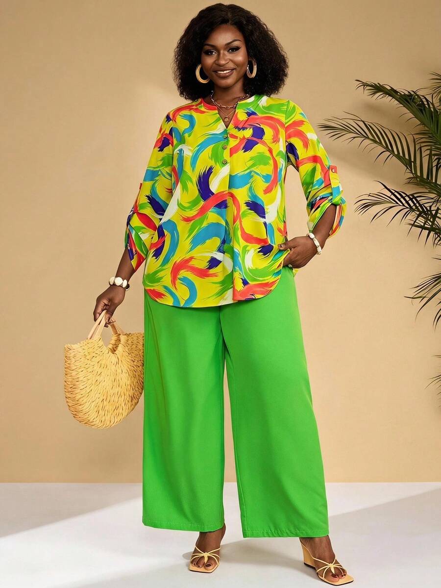 BrightlyHer Plus Size Vacation Oil Painting Print Button-Down Shirt And Solid Color Long Pants 2 Pieces Set Fall