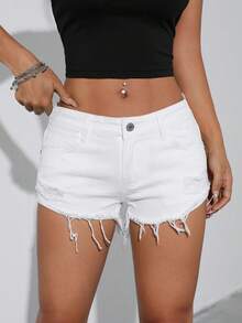 SHEIN ICON Shorts en mezclilla bajo crudo - Blanco - Ver 5
