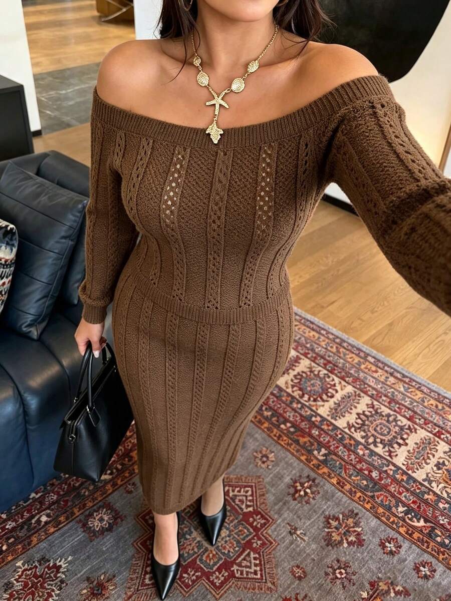 Modelyn Plus Size Solid Color Off Shoulder Sweater Knit Skirt Set - Brown - View 1