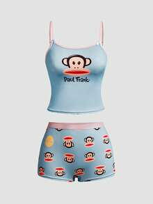 Chillnights Paul Frank X SHEIN Women's Blue Cartoon Print Top + Panties 2 Pieces Set - Blue - View 1