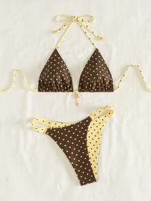 Swim Mod 女士夏季新款海滨度假时尚甜美可爱撞色波点印花双面露背系带性感比基尼套装 - 彩色 - 查看 3