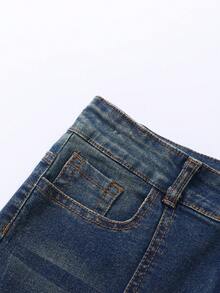 SHEIN 青少年女孩開衩喇叭牛仔褲，四季皆宜復古 Y2K 街頭風，磨損丹寧色，水洗效果，彈性柔軟棉質丹寧布，可搭配 T 恤和衛衣，適合日常穿著、學校、開學季和派對 - 藍色 - 查看 6
