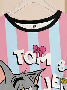 TOM & JERRY X SHEIN 大尺碼可愛卡通圖案條紋印花圓領短袖T恤 - 白色 - 查看 3