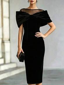 Balvessa Elegant Women's Mid-Length Dress Spring Summer Autumn Black Velvet Holiday Date Party Cocktail Banquet Bowknot Decor Mesh Patchwork - Black - View 4