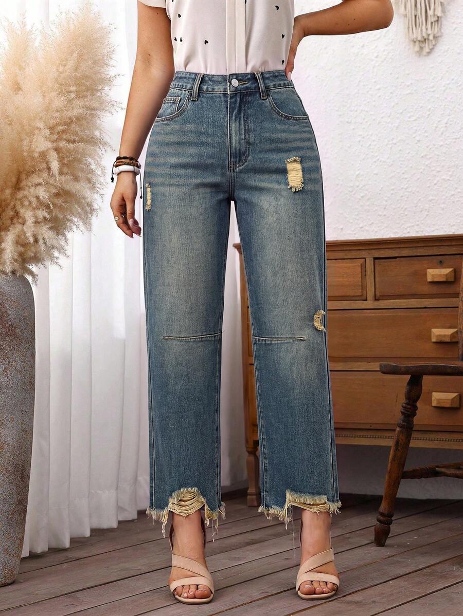 SHEIN PETITE 女款高腰口袋破洞休閒短版牛仔褲 - 中等水洗藍 - 查看 1