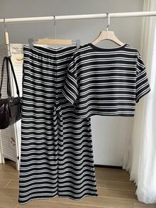 SHEIN EZwear 大码红色条纹T恤和裤子休闲两件套，夏季 - 黑色 - 查看 3