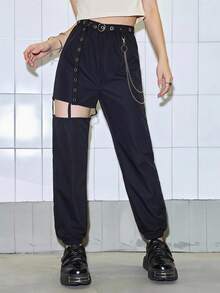 ROMWE Grunge Punk Solid Belted Chain Cut-out Pants - Black - View 1