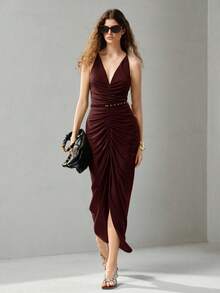 MOTF PREMIUM RUCHED DEEP V-NECK DRESS - Burgundy - View 1