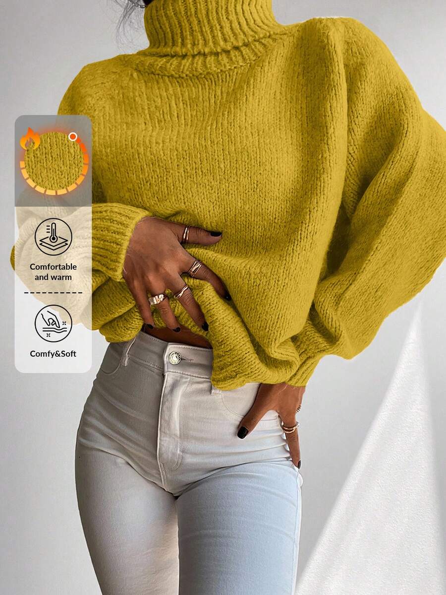 RueChic Jersey cuello alto de manga raglán tejido de canalé - Amarillo - Ver 1