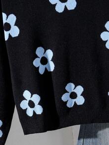 SHEIN 少女花卉圖案圓領長袖休閒毛衣 - 黑色 - 查看 7