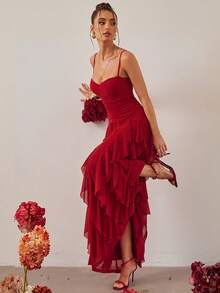 Silquee Mesh Pleated Hem Ruffle Cami Dress - Red - View 1