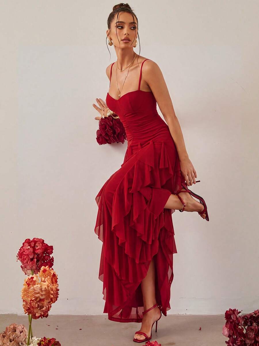 Silquee Mesh Pleated Hem Ruffle Cami Dress - Red - View 1