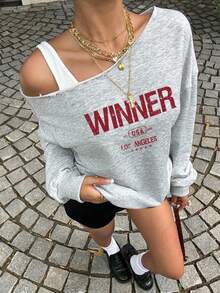 SHEIN EZwear 女款四季通用不對稱領口印花胸前圖案運動衫，休閒時尚街頭風，現代都市商務休閒辦公穿搭 - 灰色 - 查看 5